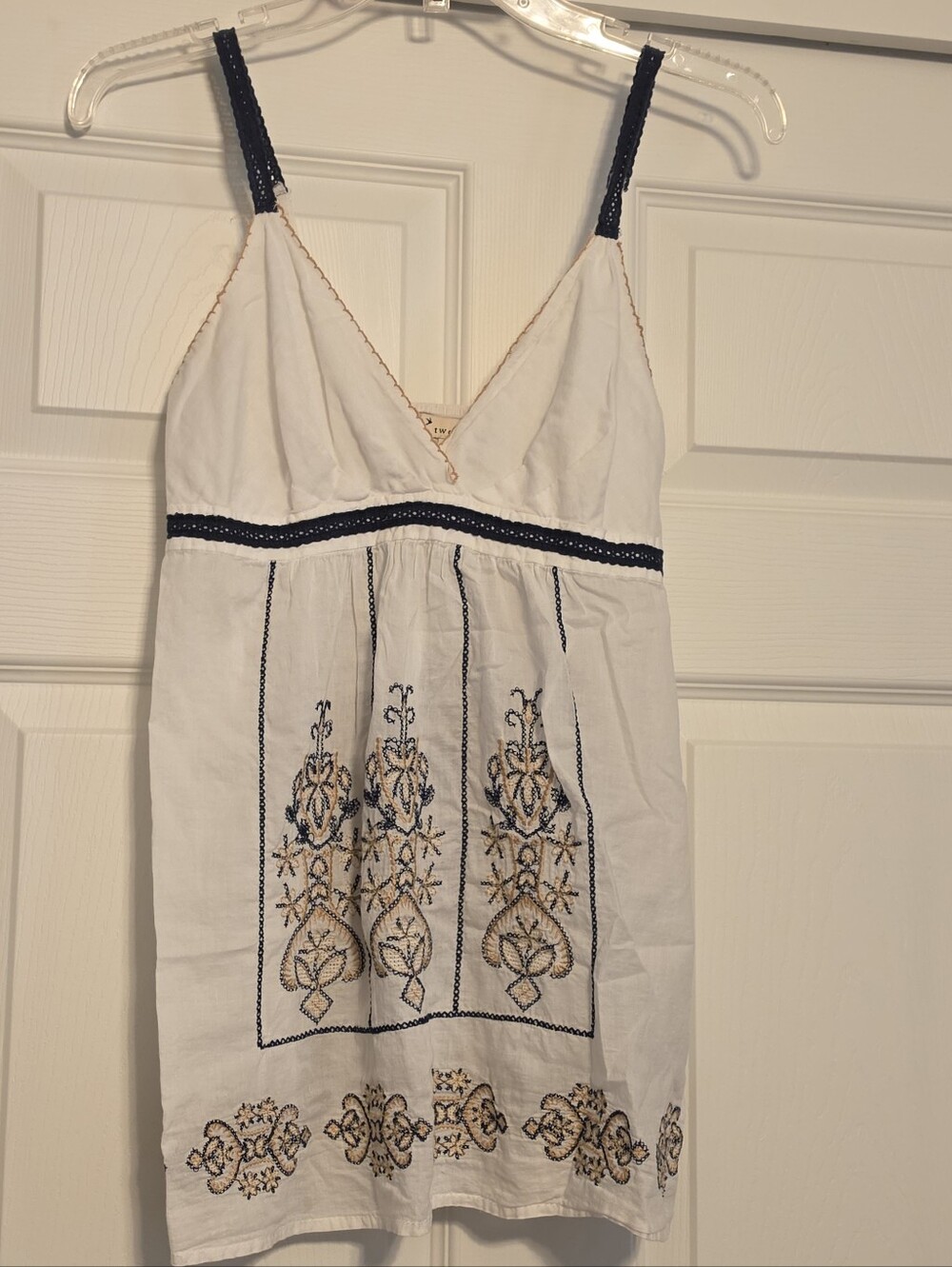 Blouse with Navy and Tan Embroidery